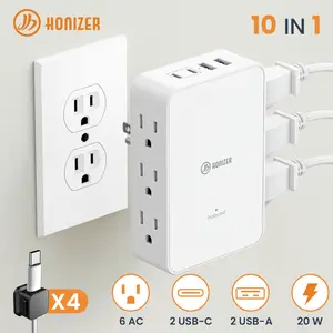 Outlet Splitter with 6 AC Side Outlets, Flat Wall Outlet Extender with PD 20W USB C, 3-Sided Electrical Outlet Extender with 4 Cable Clips for Behind Couches, Nightstands, Desks, TV