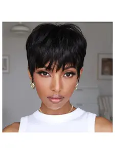 Pixie Cut Black Wigs With Bangs Human Hair Machine Made Remy Human Hair Wigs - 6-Inch Short Pixie Cut, 150% Density, Machine Made, Straight Black for Daily, Party, Cosplay Use