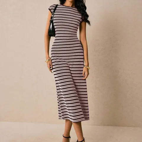 Summer New Striped Round Neck Slim Fit Short Sleeve Dress, Elegant Slimming Mid-Length Bodycon Dress, Fashionable Chic Summer Modest Dress, Casual Wear, Casual Summer Dresses