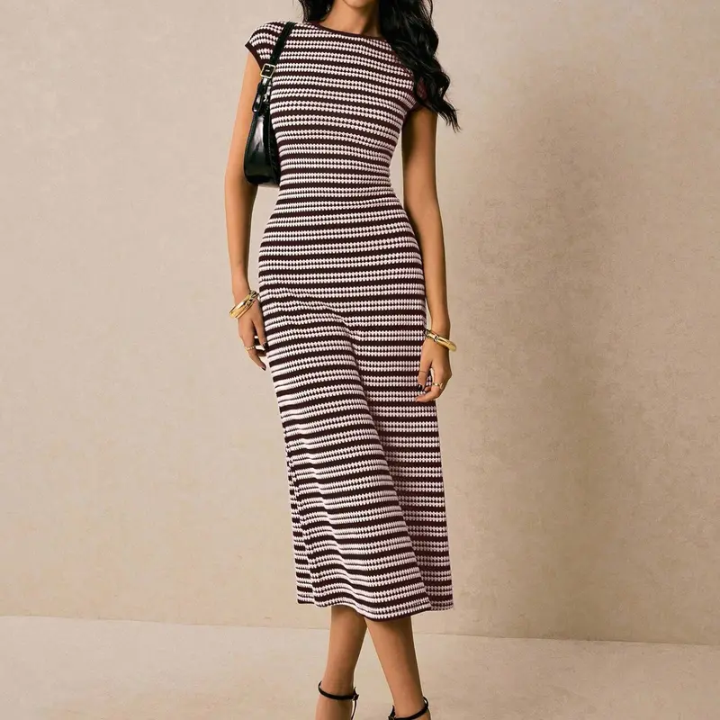 Summer New Striped Round Neck Slim Fit Short Sleeve Dress, Elegant Slimming Mid-Length Bodycon Dress, Fashionable Chic Summer Modest Dress, Casual Wear, Casual Summer Dresses