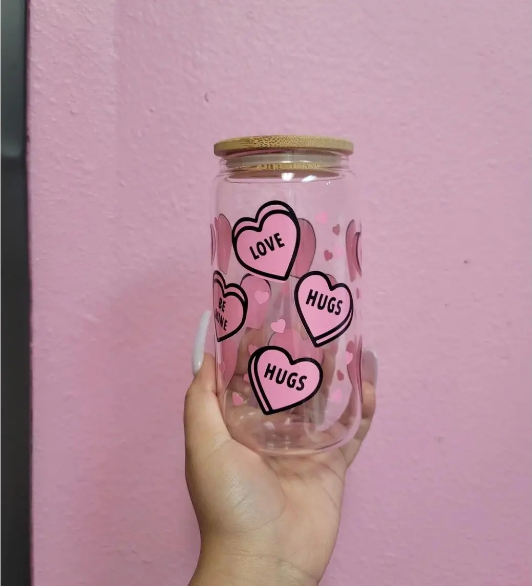 16oz glass cup love hearts pink black