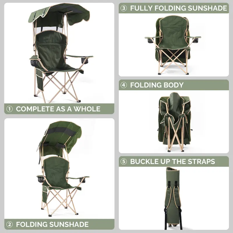 ShadeMate folding chair with canopy - full view and folding steps