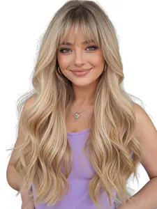 24 Inch Long Wavy Wig with Bangs, Synthetic Hair, Elegant Ladies' Wig for Daily Wear & Parties, Easy Maintenance, Loose Wave Wigs