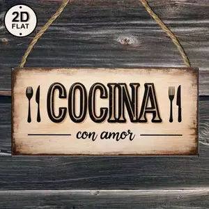 Spanish Kitchen Sign Cocina Con Amor, Rustic Wooden Wall Decor with Cooking Tools Pattern, Vintage Farmhouse Art for Home, Cafe, Restaurant
