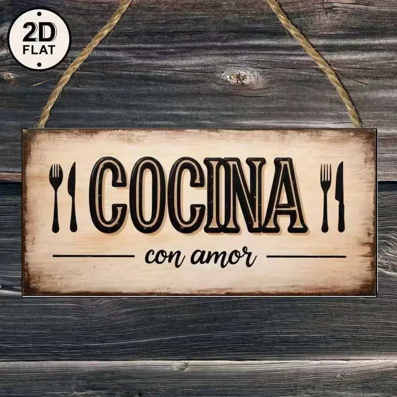 Spanish Kitchen Sign Cocina Con Amor, Rustic Design Wooden Wall Decor with Cooking Tools Pattern, Vintage Farmhouse Art for Home, Cafe, Restaurant