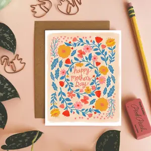 Happy Mother's Day Card, Folk Florals Greeting Card, Blank Inside Notecard, Cute Cards for Mom, folded card with envelope