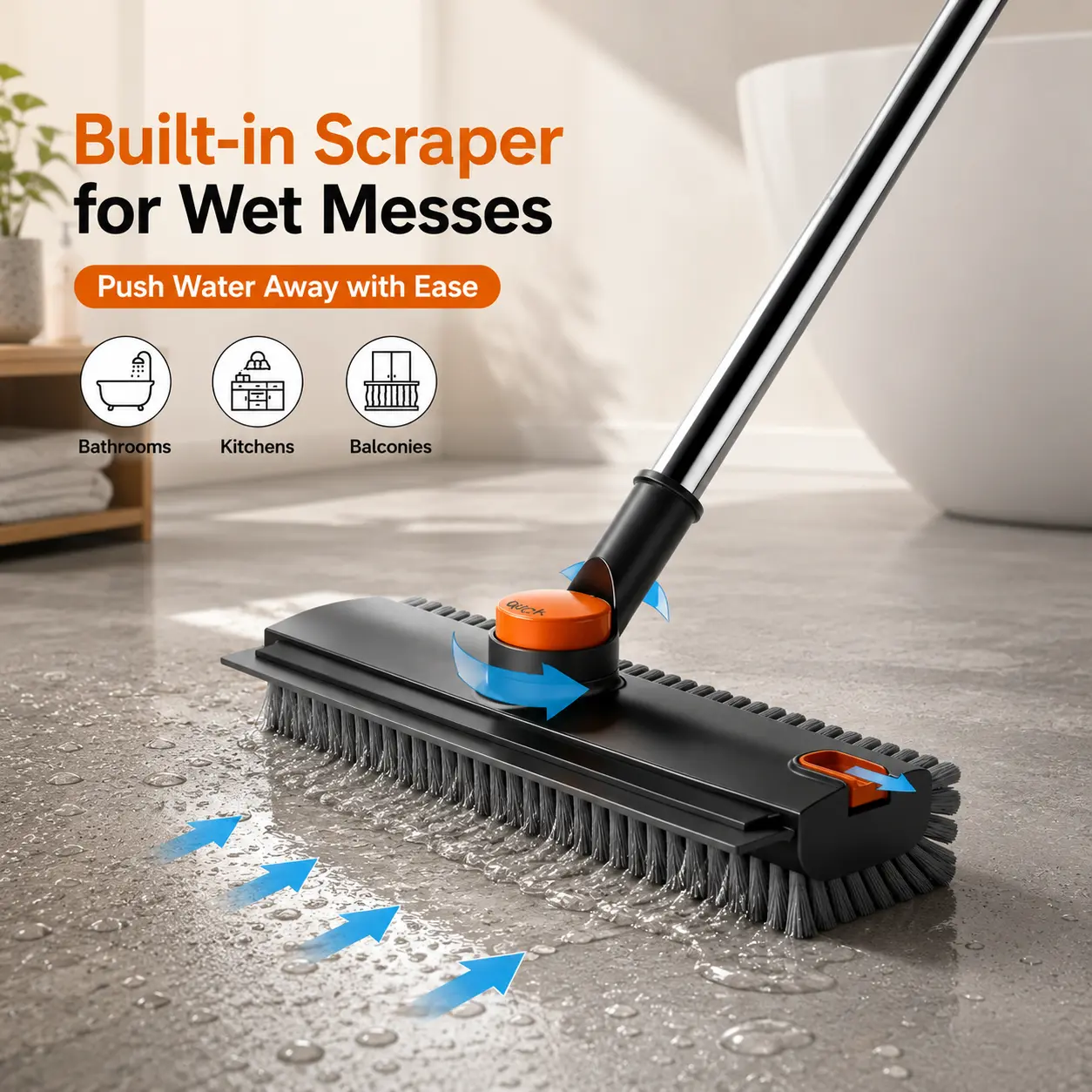 3-in-1 Cleaning Design Durable Stainless Steel Bristle Floor Scrub Brush with Long Handle, Silicone Squeegee, Rotating Head, Easily Remove Water, for Bathroom Tile, Garages (28/40/52 in)