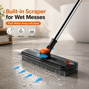 3-in-1 Durable Stainless Steel Long Handle Floor Scrub Brush with Silicone Squeegee, Rotating Design, for Bathroom Tile, Garage, Poolside (28/40/52 in)