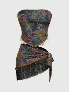 Tina Nico Hippie Spring/Summer Baech Graphic 2pcs Women's Vacation Outfit - Cashew Print Fringed Bandeau Top & Side Slit Midi Skirt Set