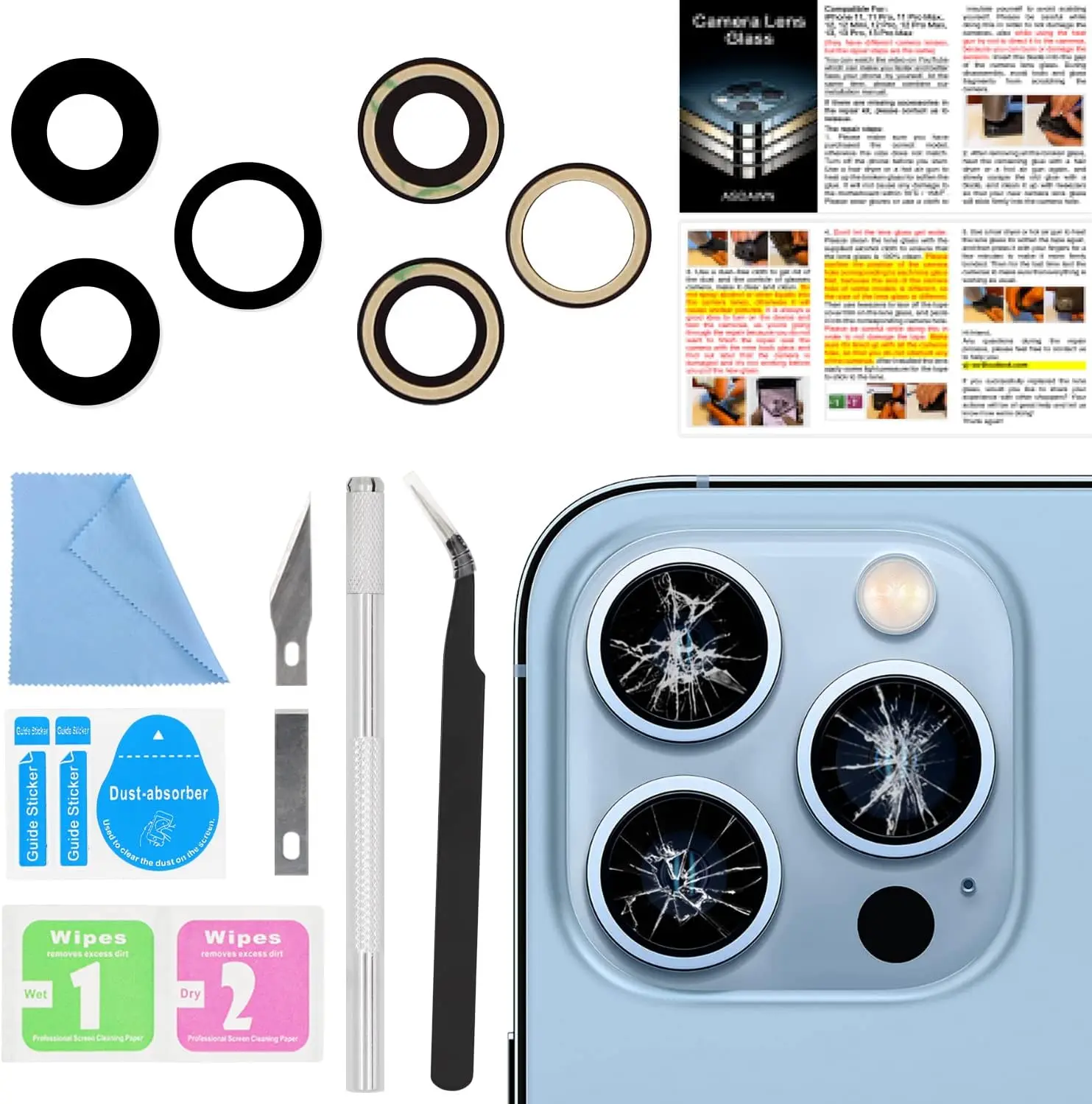 Back Camera Lens Glass Replacement for iPhone 13 Pro and 13 Pro Max, rear Lens Glass Replacement kit with Pre-Installed