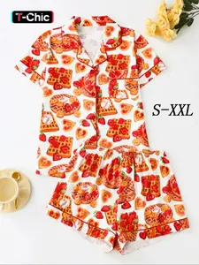 Women's All Over Print Shirt & Shorts Pyjama, Casual Comfy Short Sleeve Top & Shorts Pj Set, Ladies Sleepwear for Summer, Loungewear Pjs Set, Fruit Print Pyjamas Set, Womenswear