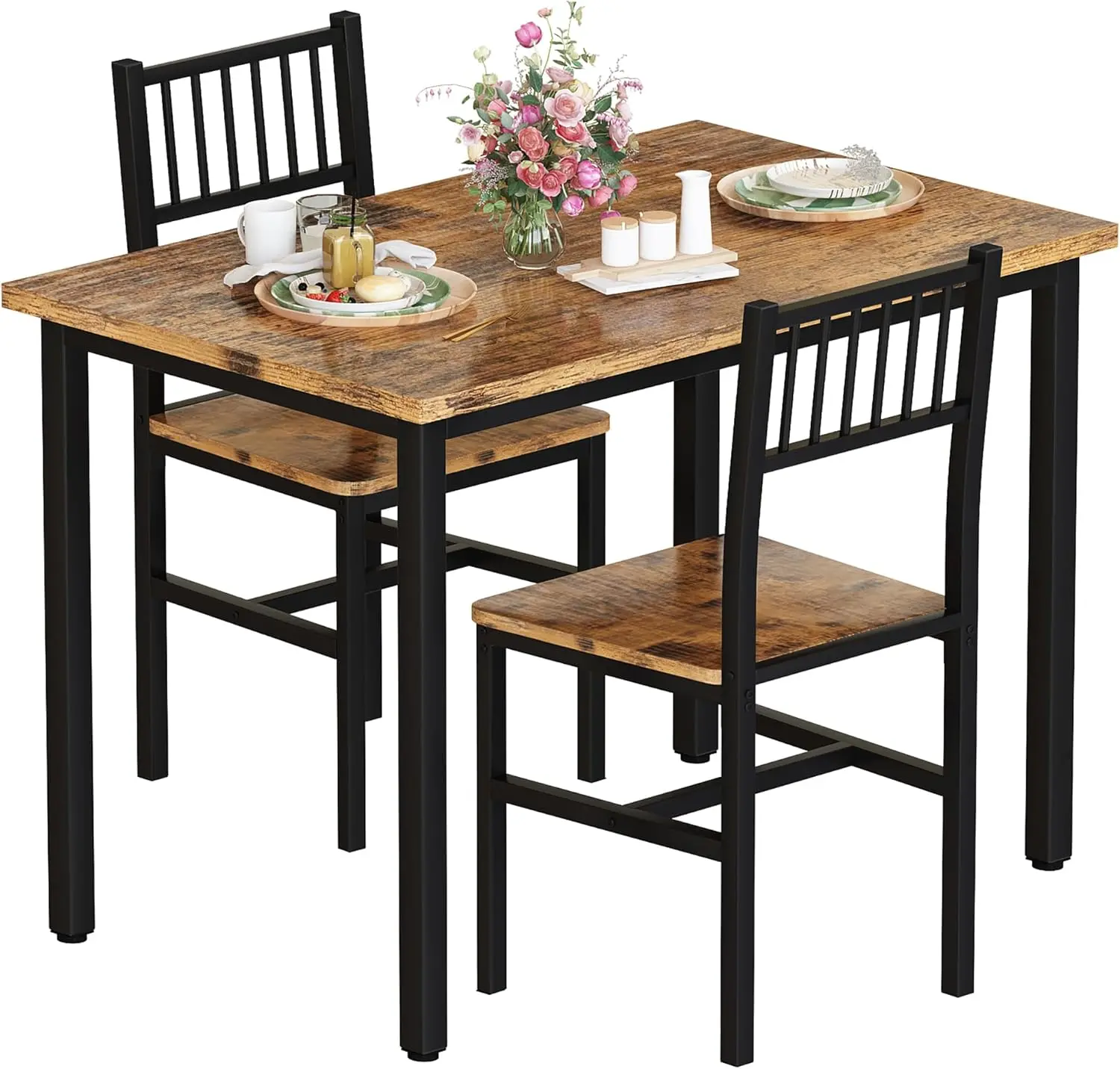 Recaceik Compact Table and Chairs Dining Room Set - 3-Piece Wood & MDF-Steel Build, Easy Assembly Dining Room Set, 200lbs Capacity, Small Apartment Nook Solution, Damp Cloth Cleanable, For 2