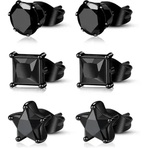 ONESING 2-3 Pairs Black Stud Earrings for Men Stainless Steel Mens Earrings Stud Hypoallergenic Square Round Cubic Zirconia Stud Earrings Set for Multiple Piercing-18G/20G