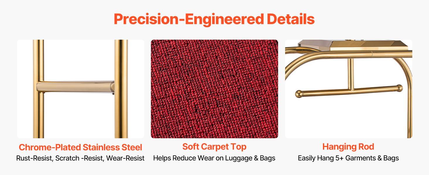 VEVOR Hotel Luggage Cart, 1200 lbs Heavy Duty Bellman Cart with Stainless Steel Frame, 8 in Rubber Wheels, Red Carpeted Deck, Commercial Luggage Carrier Rolling Trolley for Hotels, Resorts, Gold