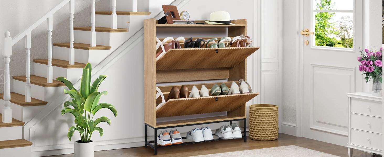 Giratree Fluted Shoe Cabinet with 2 Flip Drawers, Modern Slim Shoe Storage Organizer, Narrow Entryway Shoe Rack, Tipping Shoe Cabinet with Metal Legs for Heels, Boots, Slippers in Entrance
