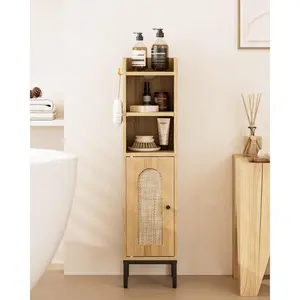 Bathroom Storage Cabinet, Small Corner Floor Hutch with 2Hooks,Narrow Toilet Paper Cabinet with Rattan Door,Bathroom Organizer with Adjustable Shelf, for Small Spaces,Oak
