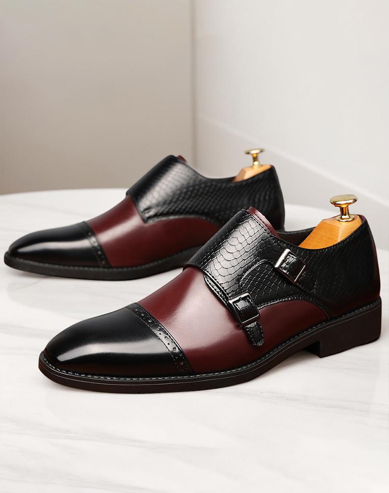 Men's Two-Tone Double Monk Strap Dress Shoes, Black & Burgundy Croc-Embossed Formal Leather Shoes97856