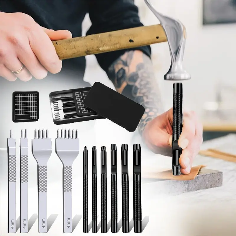 Leather Stitching Punch Hole Punch Tool Set, 4mm 1/2/4/6 Prong Punch Chisel, Round Hole Punch for Belt, Watch Band, Leather Strap DIY Crafts