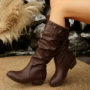 New Women'S Riding Boots Autumn 2025 with Belt,-On Design, Large Size, And Mid-Heel, Women Shoes