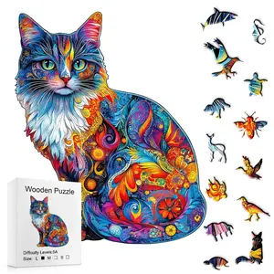 501colorful Cat Adult Challenge Wooden Puzzle, Vibrant Mixed Colors, Irregular Animal-Shaped Pieces, Portable Home Decoration Gift