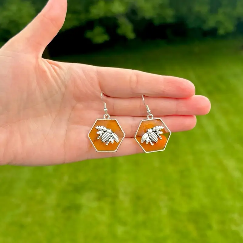 Honey Bee Earrings - Honey Hexagon Design with Bee Motif - Simple and Stylish Jewelry Accessory