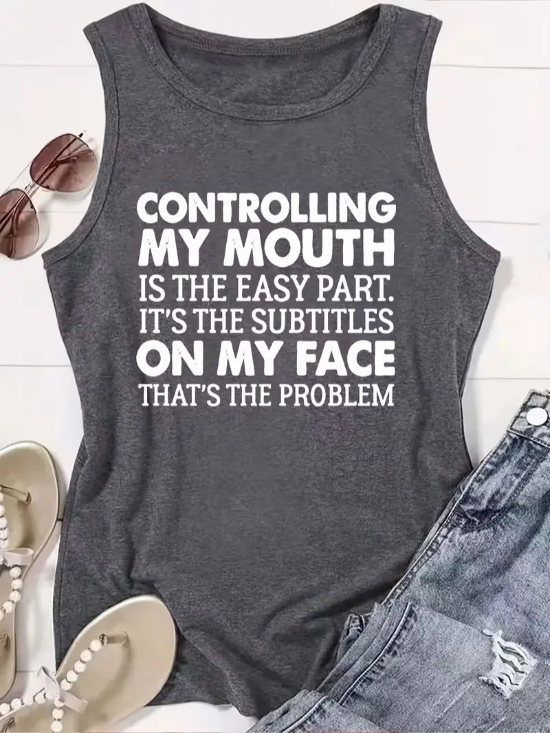 Women's Funny Sarcastic Quote "Controlling My Mouth Is Easy" Graphic Sleeveless Tank Top - Vintage, Comfortable, Loose, Lightweight, Jeans-Denim Pairing, Casual Outdoor Wear, Humorous Holiday Gift, Breathable, Print