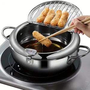 Tempura Deep Fry Pot, Stainless Steel Frying Pot, Thickened Stainless Steel Tempura Fryer With Thermometer, Japanese Style Tempura Fryer Pan, Cookware, Kitchenware, Kitchen Supplies, Kitchen Items