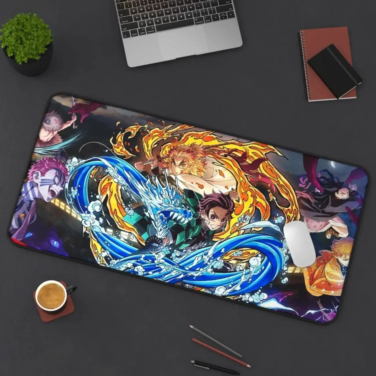 Demon Slayer Tanjiro & Rengoku Combat Desk Mat | Water and Flame Hashira XL Gaming Mouse Pad | Manga Anime Gamer Playmat | Anime Gift Idea