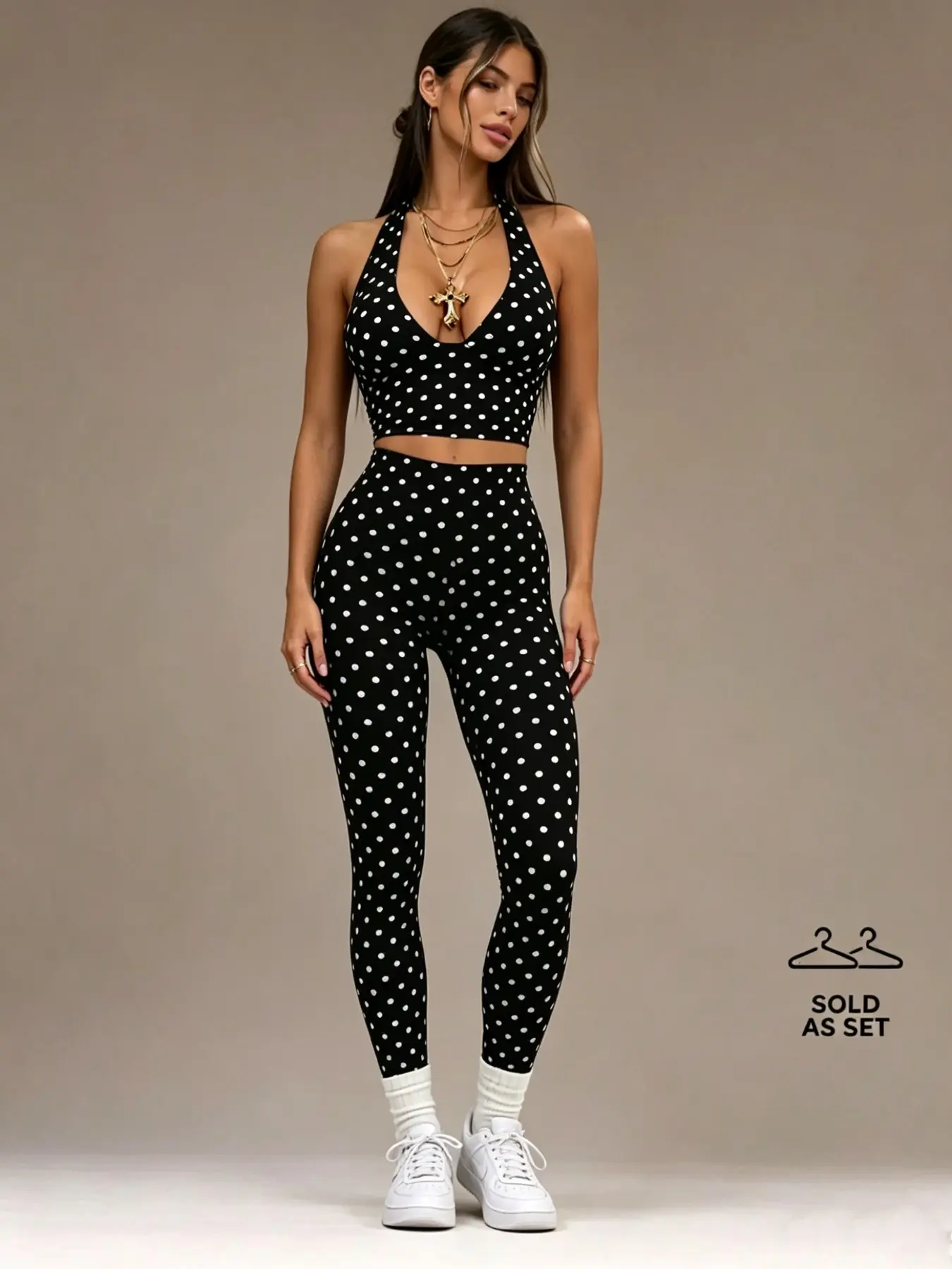 Women's Polka Dot 2-Piece Set, Halter Sports Bra + High-Waist Tight Pants, Four-Way Stretch, Tummy Control, Gym, Street, Home Wear, //