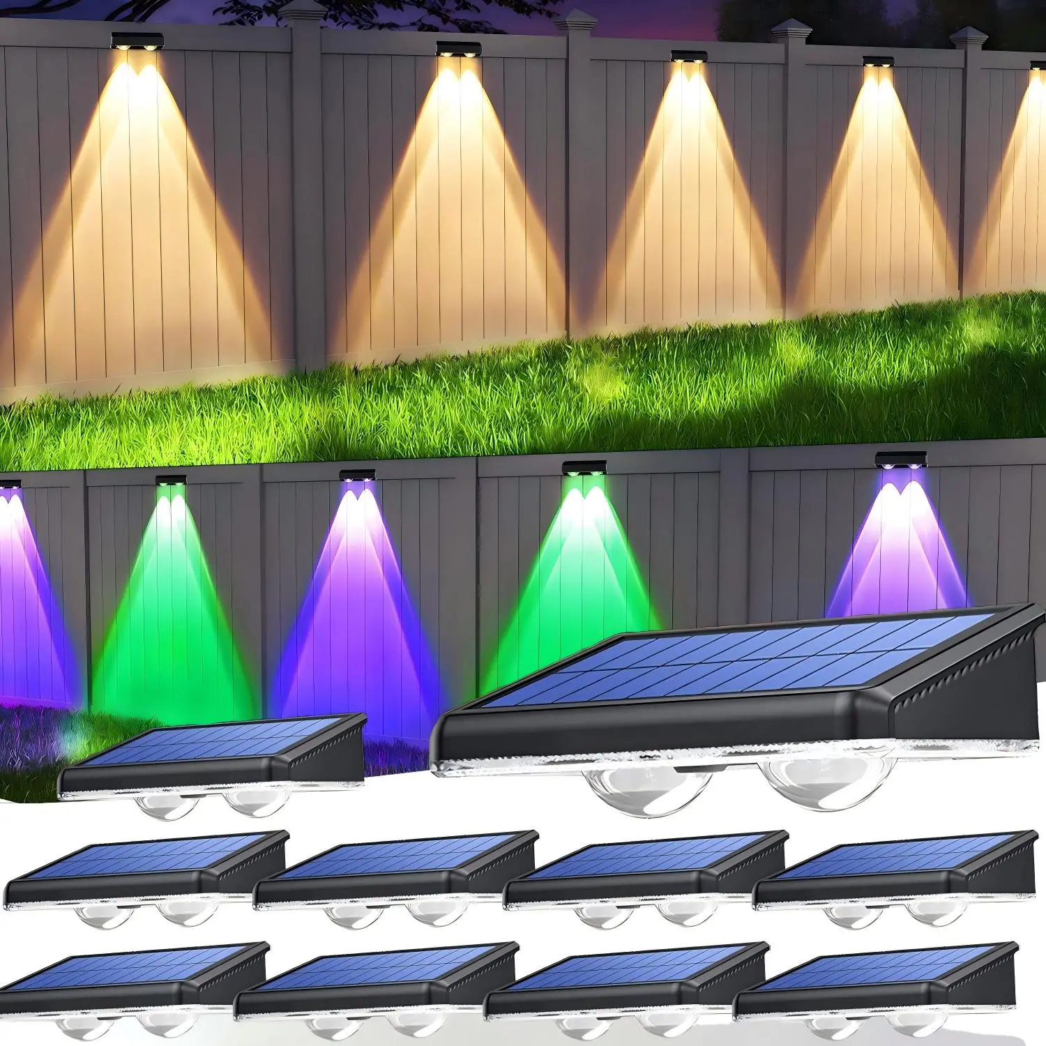 10-Pack Solar Outdoor Wall Lights, 9-Color 11-Mode LED Lights - Waterproof, Warm White/Cool White/RGB, for Halloween, Backyard Railing, Solar Outdoor Lights