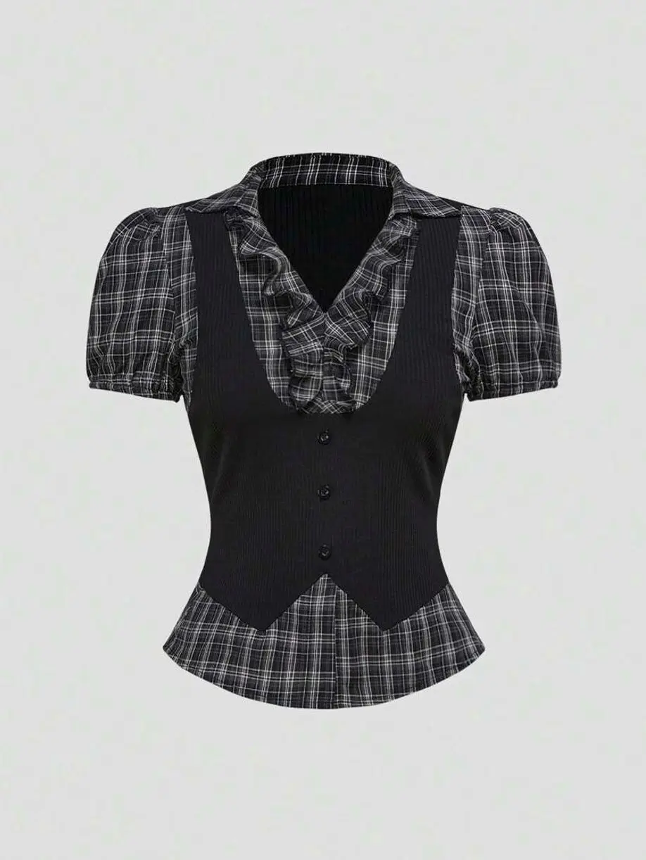 Women's Vintage Gothic Plaid Patchwork 2-in-1 Shirt Top, Y2K Grunge Layered Blouse for Summer, Back to School, Casual Streetwear, Alternative Fashion and Everyday Chic Outfit Wear