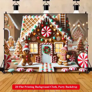 2D Flat Printing Backdrop Banner 1pc, Gingerbread House Decorated With Candy Vibrant Polyester Background Cloth for Family Party, Wedding, Birthday, Christmas, Thanksgiving, Fall, Entryway, Room Decorations, Easy to Set Up, Reusable