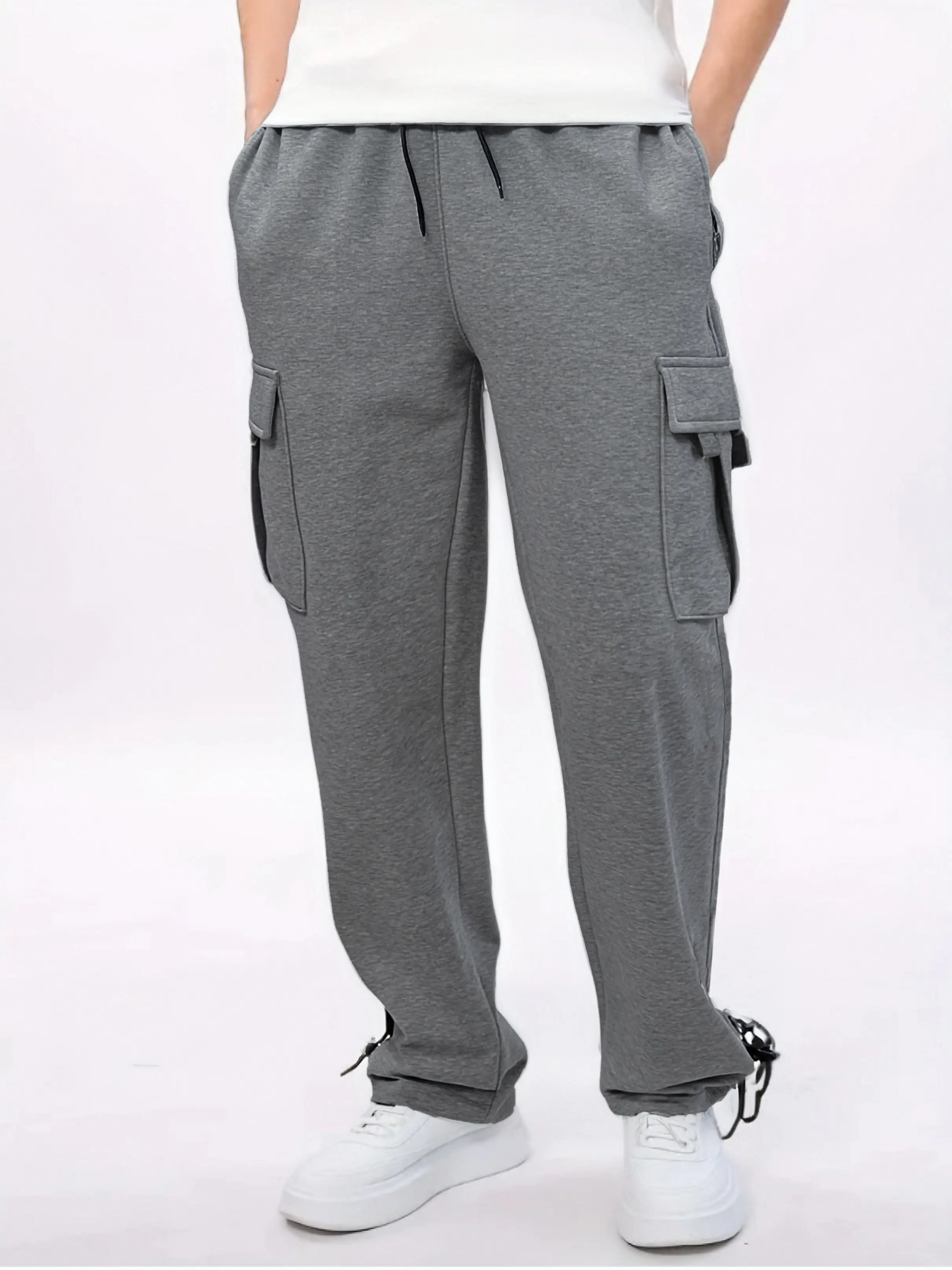 Men’s fleece-lined cargo sweatpants with elastic waistband, drawstring, multiple pockets, adjustable ankle cuffs, warm, loose straight fit—winter street trousers