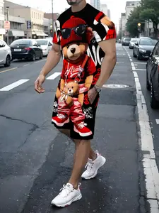 Men's Fashion Print Summer Set, Slim-Fitting Regular Length Tee & Shorts, Casual Sport Two-Piece, All Seasons Wear