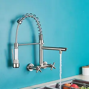 Wall-Mounted Dual-Hole Spring Kitchen Faucet, Horizontal Dual-Handle Cold Hot Water, Vegetable Basin Dedicated, Double Handle Faucet