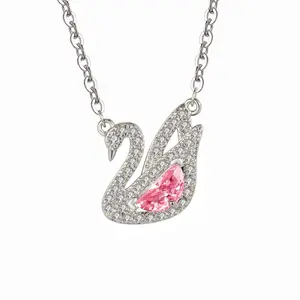 Sparkling Swan Necklace & Bracelet Set, Pink Crystal Pendant, Silver Alloy Matching Jewelry Gift for Her