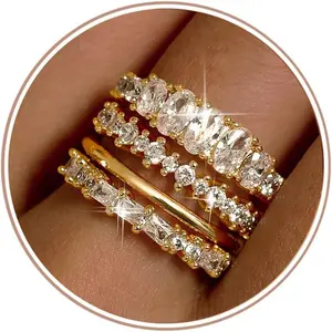 14K Gold Plated Stackable Rings for Women Non Tarnish - Dainty Cubic Zirconia Wedding Bands Ring Set Minimalist Trendy Statement Engagement Promise Thumb Rings Stacking Size 5-10