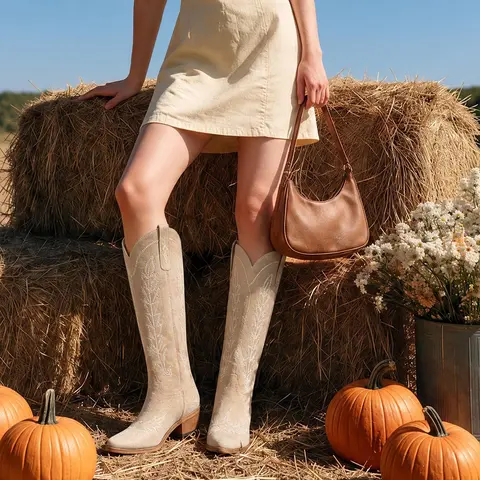 Women's Wide Calf Knee-High Western Cowboy Boots - Vintage Retro Pointed Toe, Chunky Heel, Embroidered Print Faux Leather Footwear, Pull-On, Breathable, Rubber All-Weather Grip, Cowboy Aesthetic, Casual Women's Shoes, All-Season Rodeo Wedding Shoes