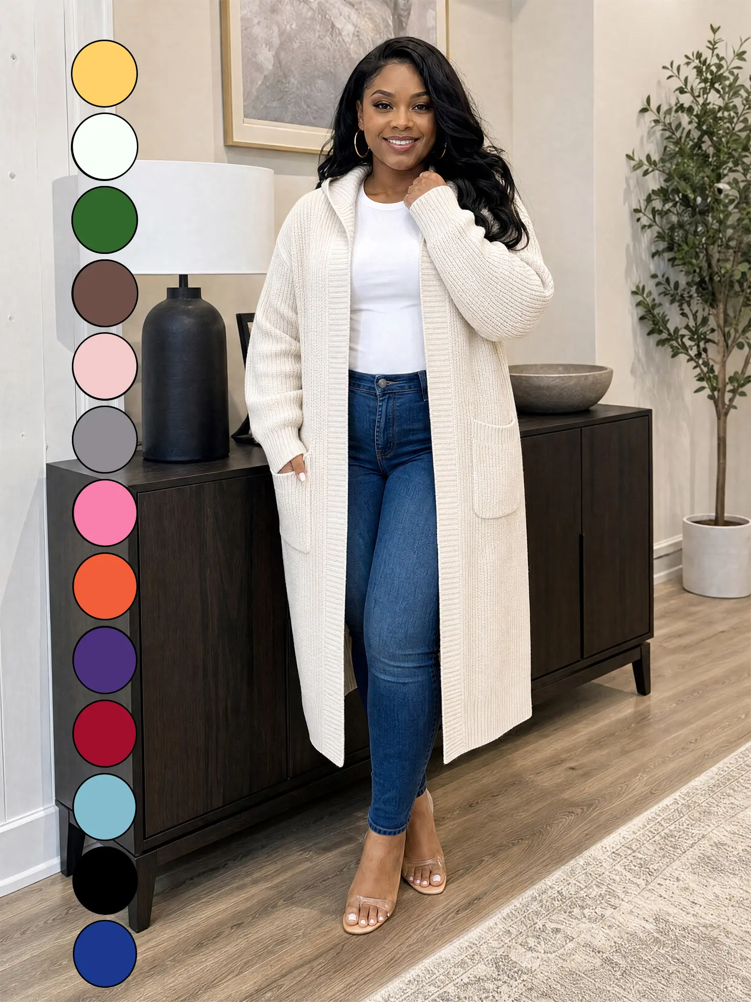Women's Hooded Long Knit Cardigan, Open Front Maxi Duster Sweater Coat with Pockets, Casual Loose Fall Outerwear for Women