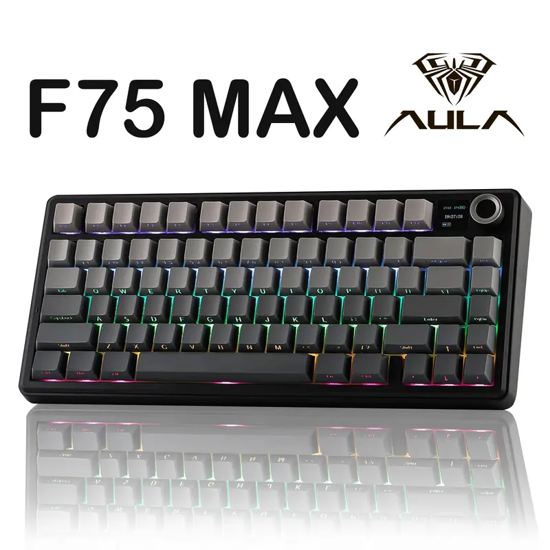 Aula F75 MAX Wireless Mechanical Gaming Keyboard - 75% Layout, Hot Swappable, LED Backlit, Creamy Foam, Gasket Structure, TFT Screen Knob, 2.4G, Adjustable, Wired Option, Cherry-Profile, for PC Gamers, Work, Android Devices, Led Backlit Keyboard