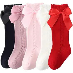 Baby Girls' Knee-High Cotton Blend Socks, Non-Slip with Bow and Heel Weave, for 0-3 Months Infants