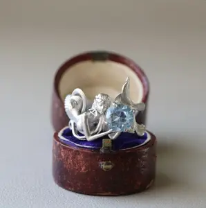 Women's Matte Silver-Plated Dreamy Ocean Mermaid Sculpture Ring, Large Round Light Blue Crystal, Niche Art Statement Index Finger Costume Jewelry, Unique Gift