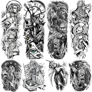 Greek Warrior Temporary Tattoo Sleeve for Men, 4-Sheet Full Arm Large Realistic Poseidon Knight Fake Tattoo Sleeve Adult Women and 4-Sheet Black Clock Greek Eye Myth Half Arm Temp Tatoo Sticker Leg Body Art