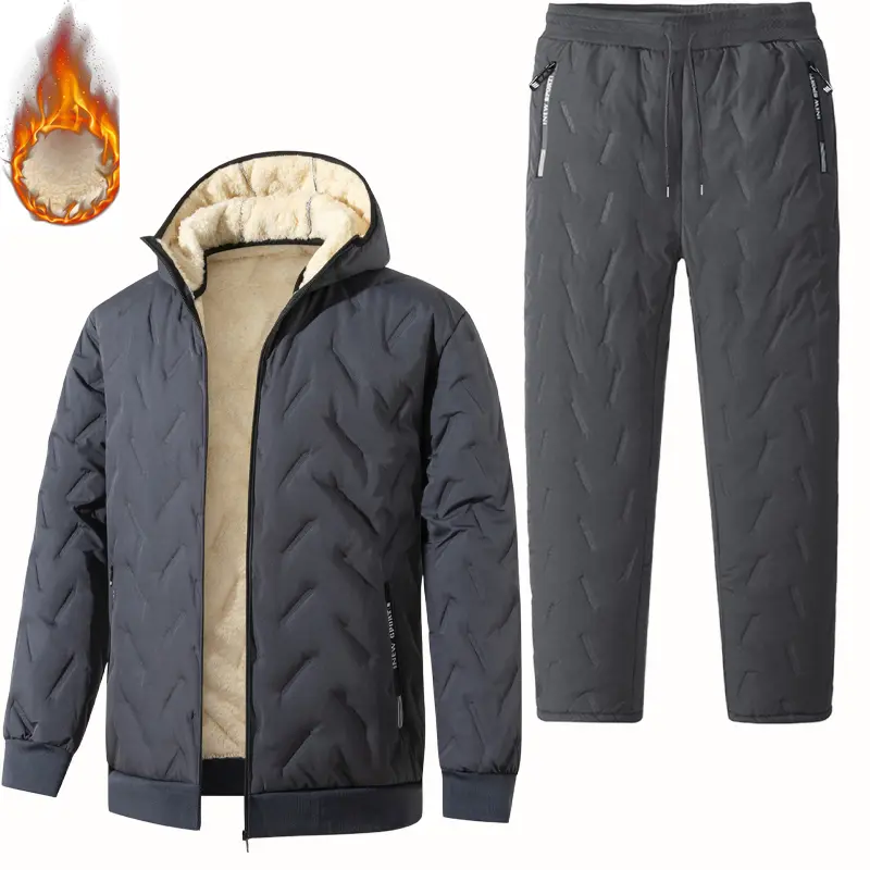 Men's 2-Piece Plain Winter Thermal Tracksuit - Long Sleeve, Drawstring, Hooded Neckline, Polyester Velvet Sherpa Fleece Jacket, Warm Cotton Padded Pants, Regular Fit, Machine Washable, Thermal Warmth Comfort Casual Outerwear for Outdoor & Daily Use