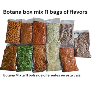 Botanas Mix Box 11 bags 1 Japones 1 garbanzo 1 semilla sal 1 semilla chile 1 chicharo sal 1 cacahuate habanero 1 cacahuate chile harbol 1 botana 1 cacahuate con sal y limon 1 cacahuatecon chile y limon 1 haba con sal y limon each are 16-oz bags