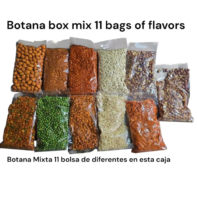 Botanas Mix Box 11 bags 1 Japones 1 garbanzo 1 semilla sal 1 semilla chile 1 chicharo sal 1 cacahuate habanero 1 cacahuate chile harbol 1 botana 1 cacahuate con sal y limon 1 cacahuatecon chile y limon 1 haba con sal y limon each are 16-oz bags