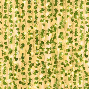 14 Pack 98 Feet Fake Ivy with Lights, Artificial Garland with 100 LED String Lights Greenery Hanging Plant Vine for Bedroom Wall Decor Wedding Party Room Aesthetic Stuff Waterproof Fairy Kitchen Leaf Plastic Ornaments Decoration