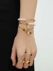 Women's Vintage Light Luxury Stainless Steel Gold-Plated Bracelet - Shell Beads, Diamond-Studded Bear Pendant, Fashion Costume Jewelry Accessory