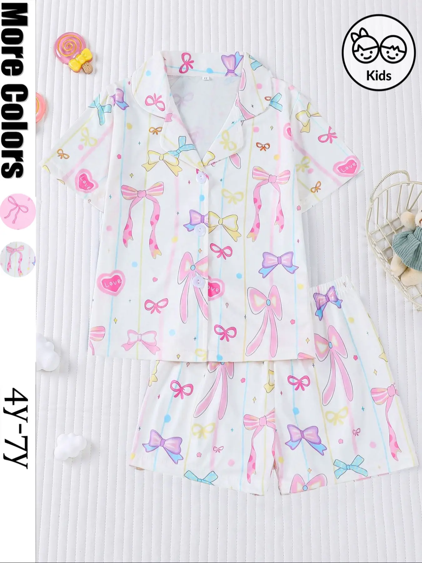 Cute Cartoon Print Kids Pajama Set, Fire Retardant Fabric, Short Sleeve Button Front Top & Elastic Shorts, All Seasons Wear, Pastel Cute Pajamas, Soft Breathable Sleepwear, Toddler Pjs
