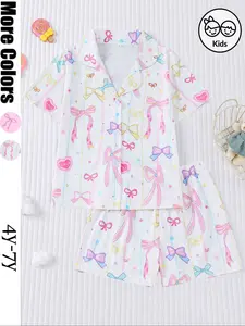 Cute Cartoon Print Kids Pajama Set, Fire Retardant Fabric, Short Sleeve Button Front Top & Elastic Shorts, All Seasons Wear, Pastel Cute Pajamas
